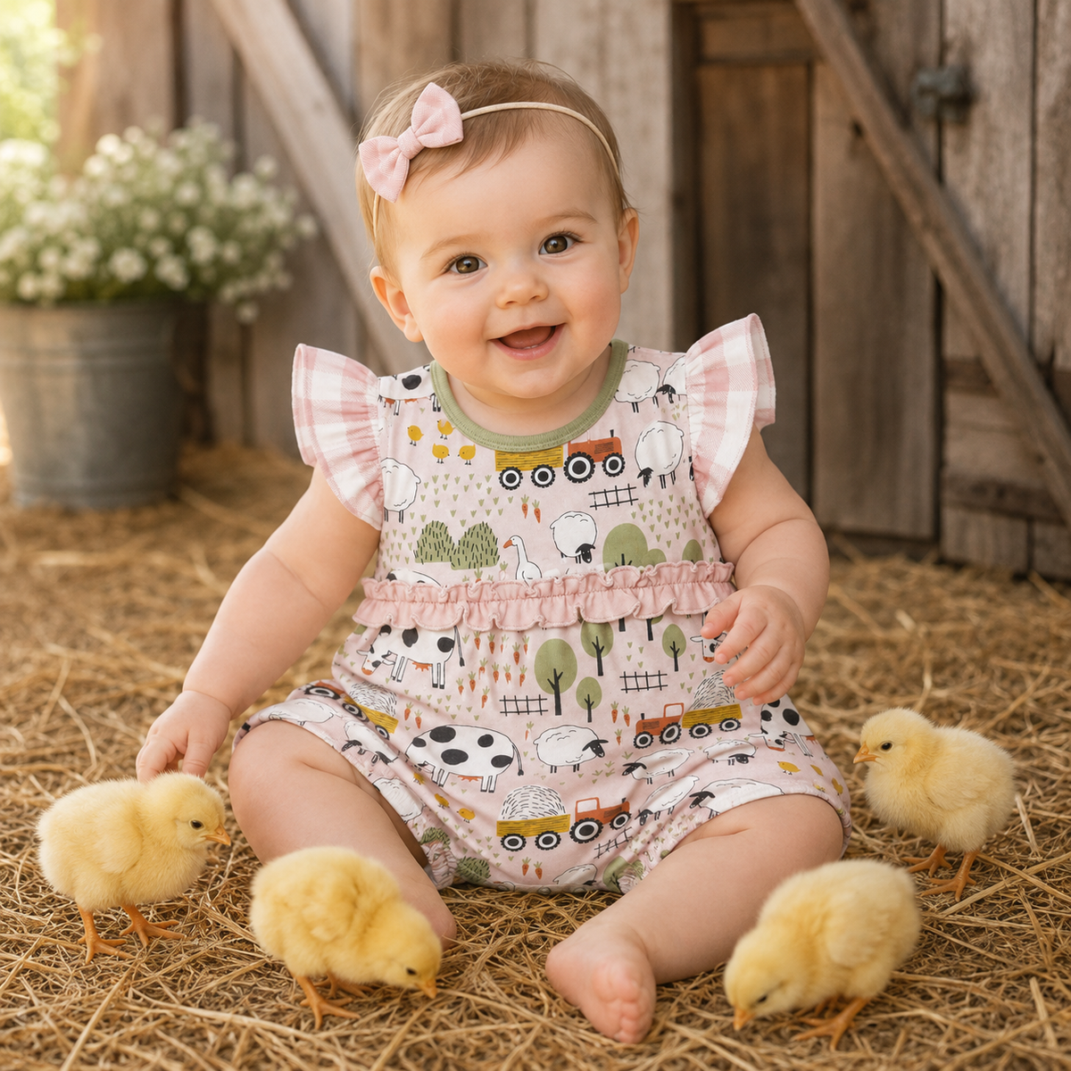 Farmyard Baby Girl  Bubble Romper - Bamboo One Piece 3-6M