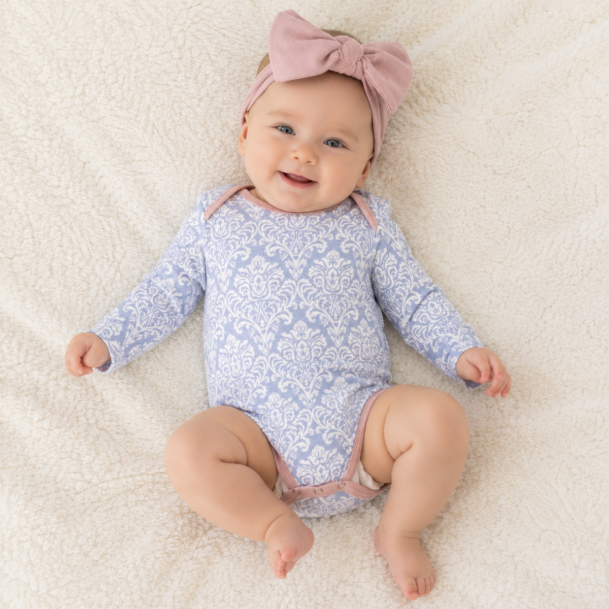 Adelaide Long Sleeve Blue Damask Cotton Bodysuit