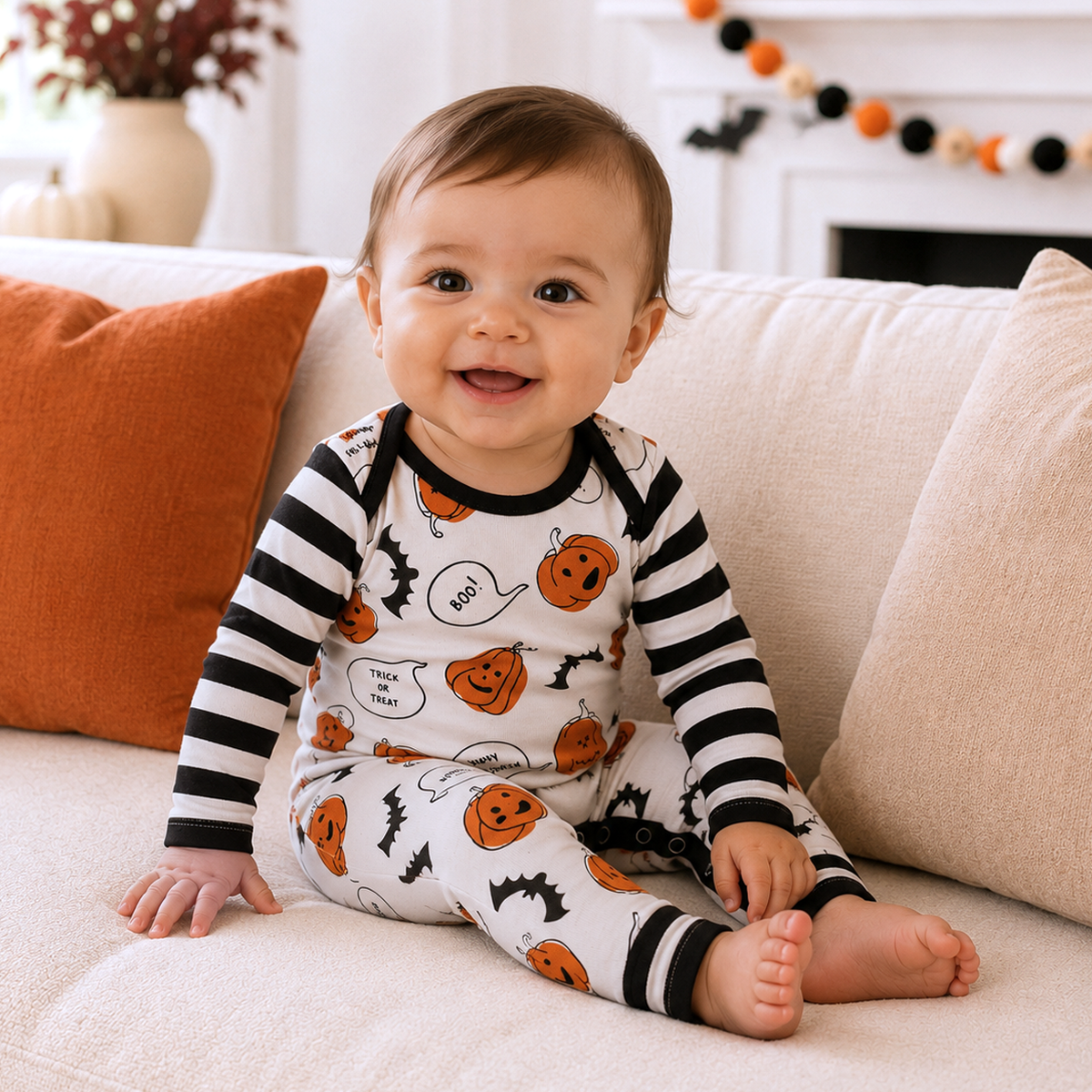 Baby's Halloween Bats & Pumpkins Cotton Romper