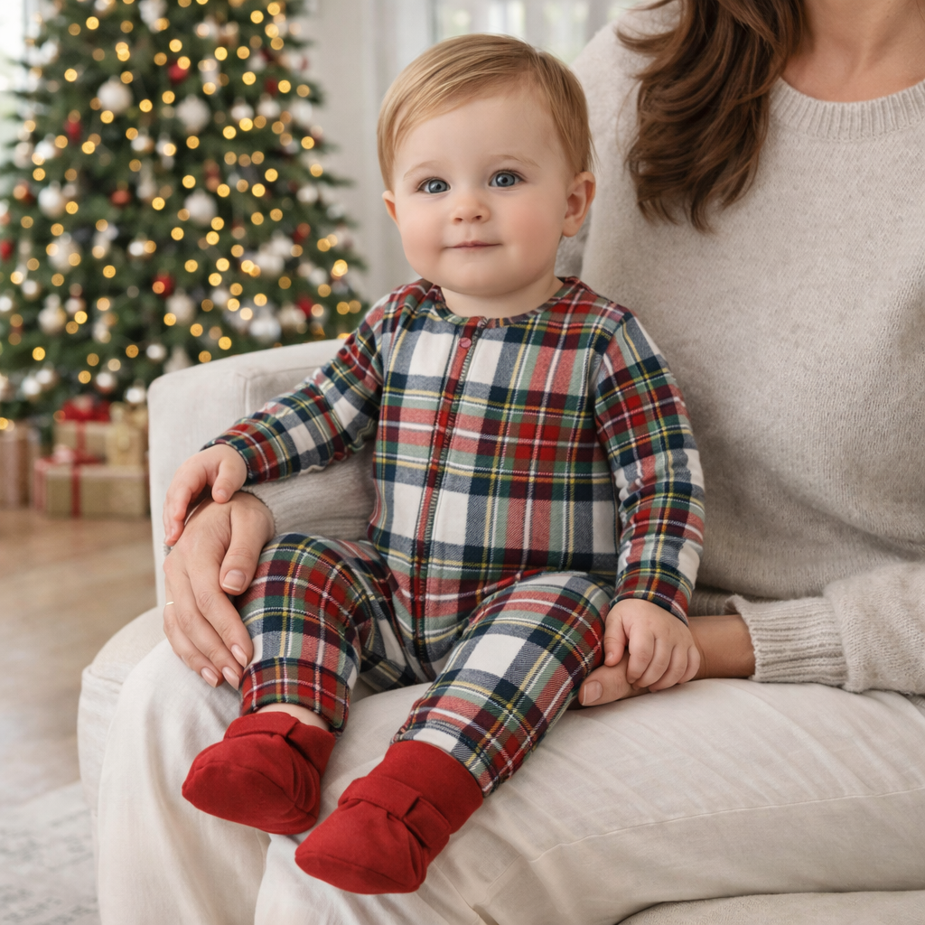 Plaid Baby Christmas Zipper Romper With Convertible Cuffs