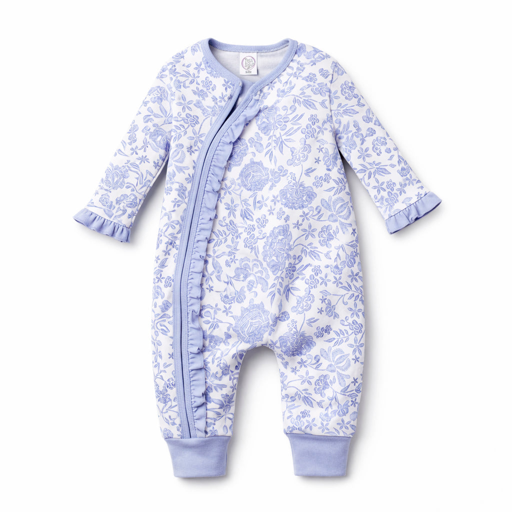 Floral Baby Zipper Romper With Ruffles – Soft Blue Cotton