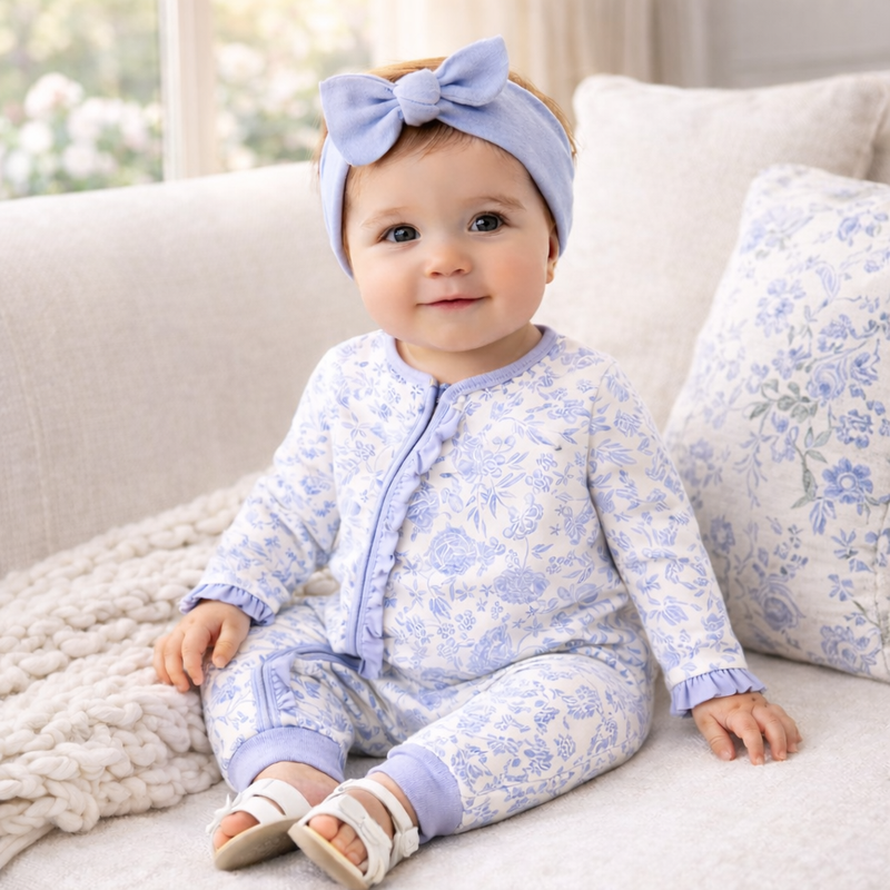 Floral Baby Zipper Romper With Ruffles – Soft Blue Cotton