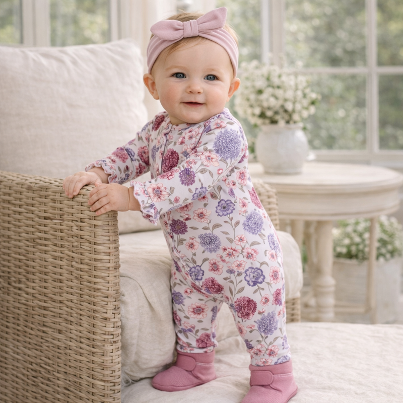 Floral Ruffle Baby Zipper Romper – Soft Bamboo Vintage Bloom