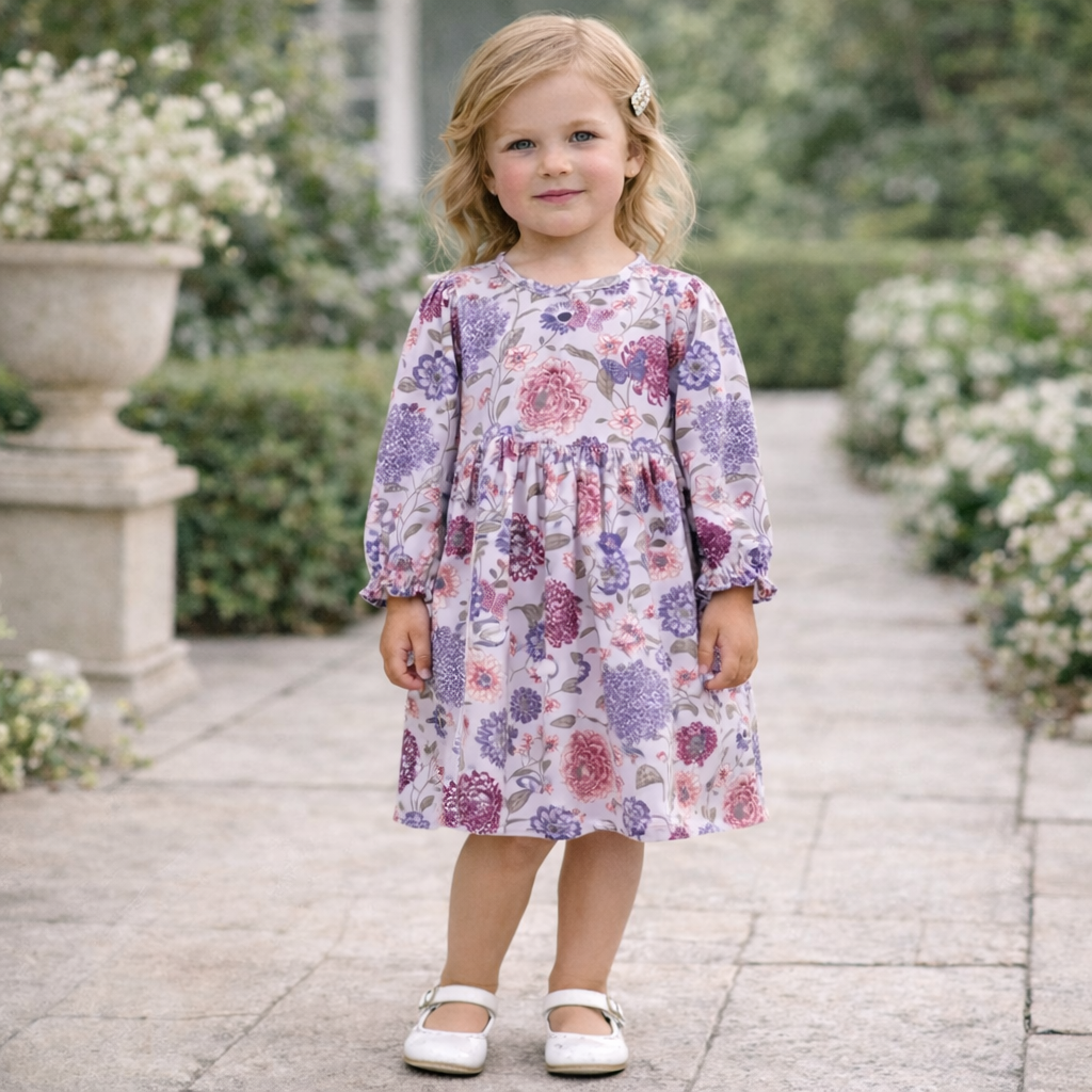 Floral Long Sleeve Girls Dress – Bamboo Cotton Vintage Bloom 2T