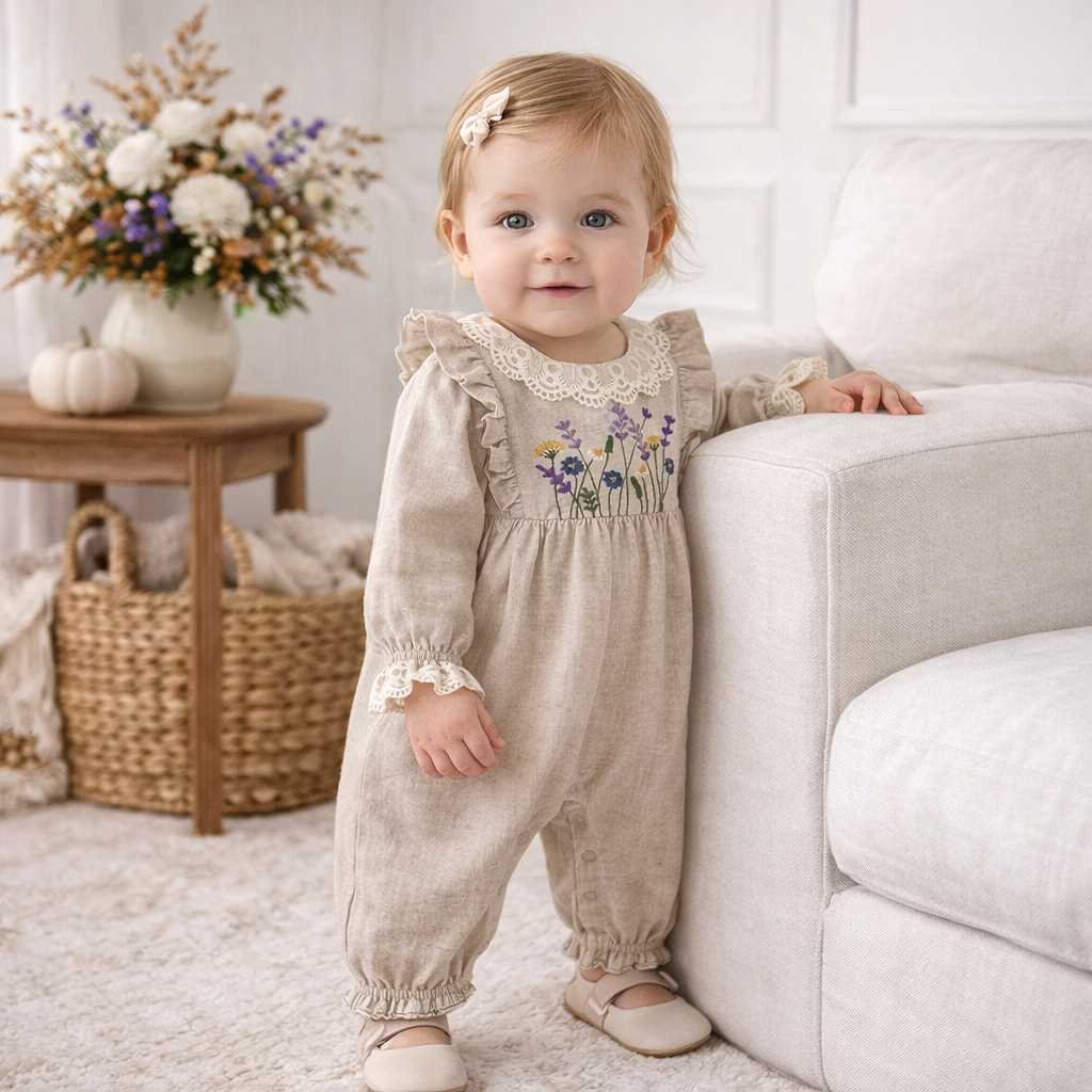Embroidered Wildflower Linen Baby Romper With Lace Trim