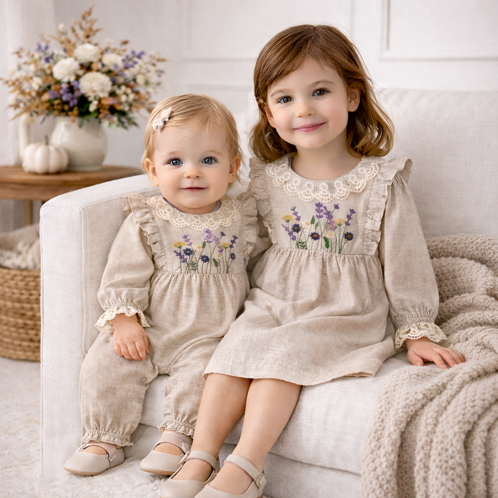 Embroidered Wildflower Linen Baby Romper With Lace Trim