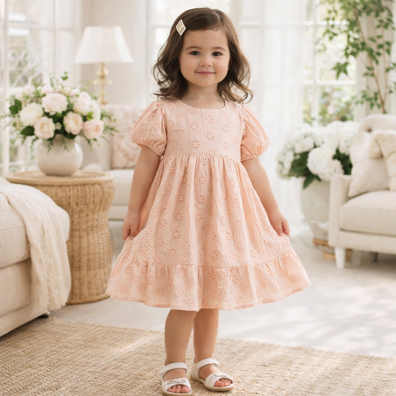 Pink Cotton Eyelet Dress with Puff Sleeves