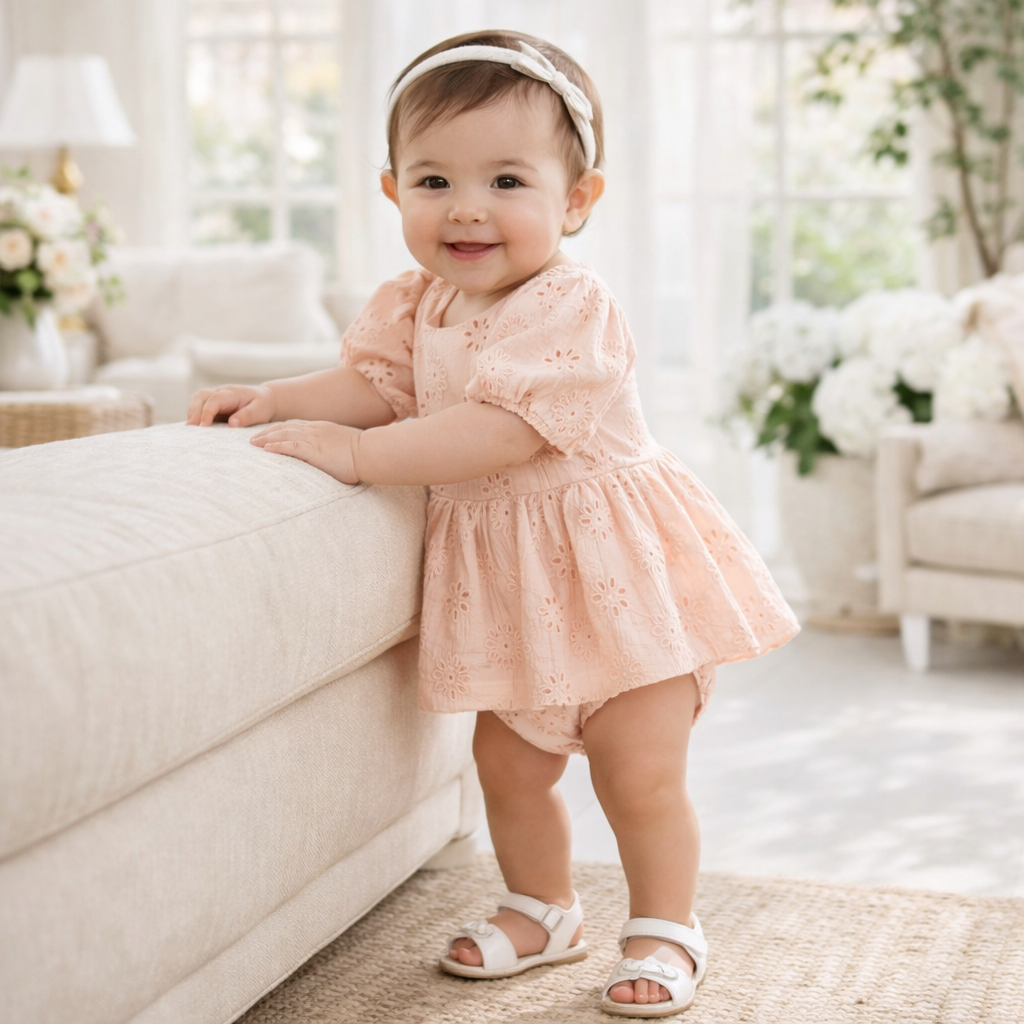 Pink Eyelet Cotton Skirted Baby Bodysuit with Puff Sleeves