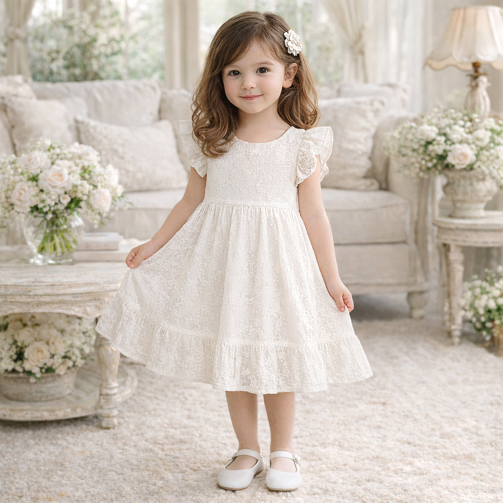 Girls White Embroidered Cotton Dress with Flutter Sleeves