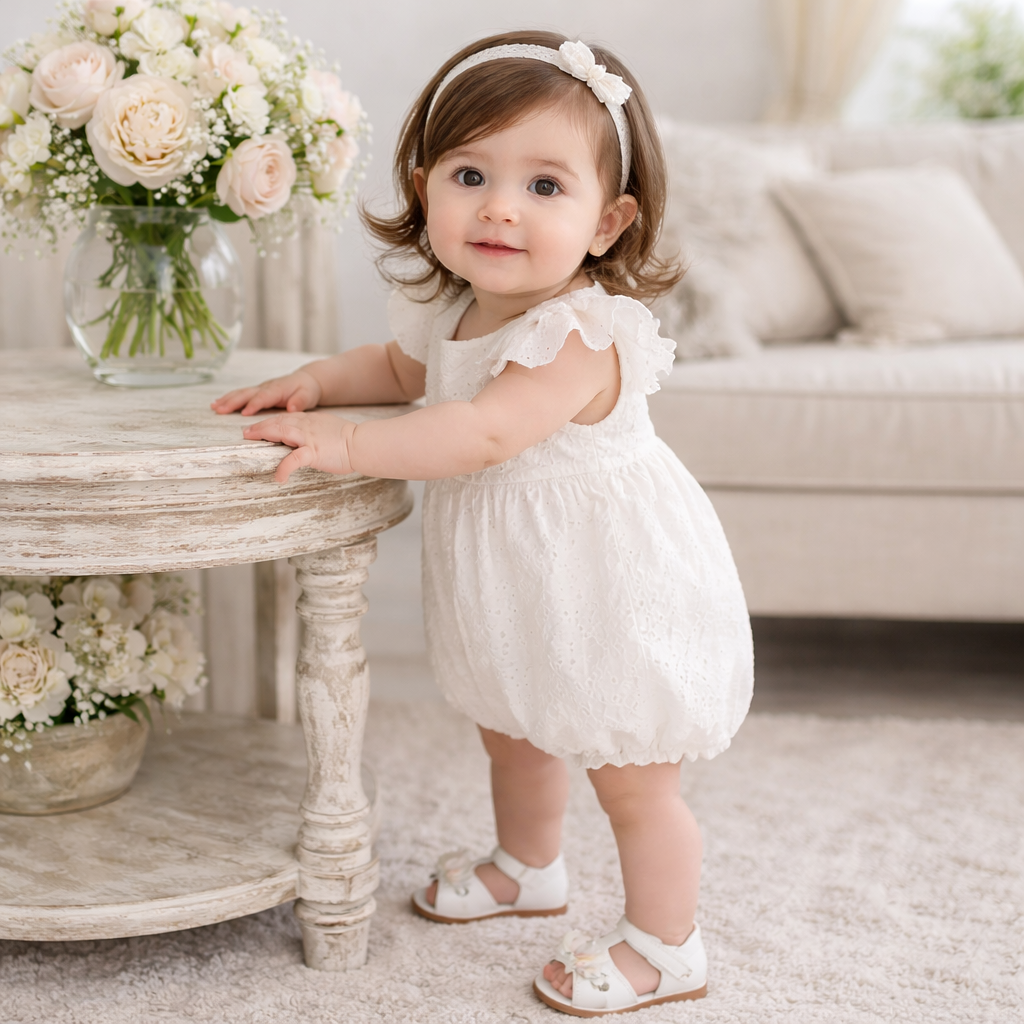 Cotton Embroidered Baby Romper with Flutter Sleeves