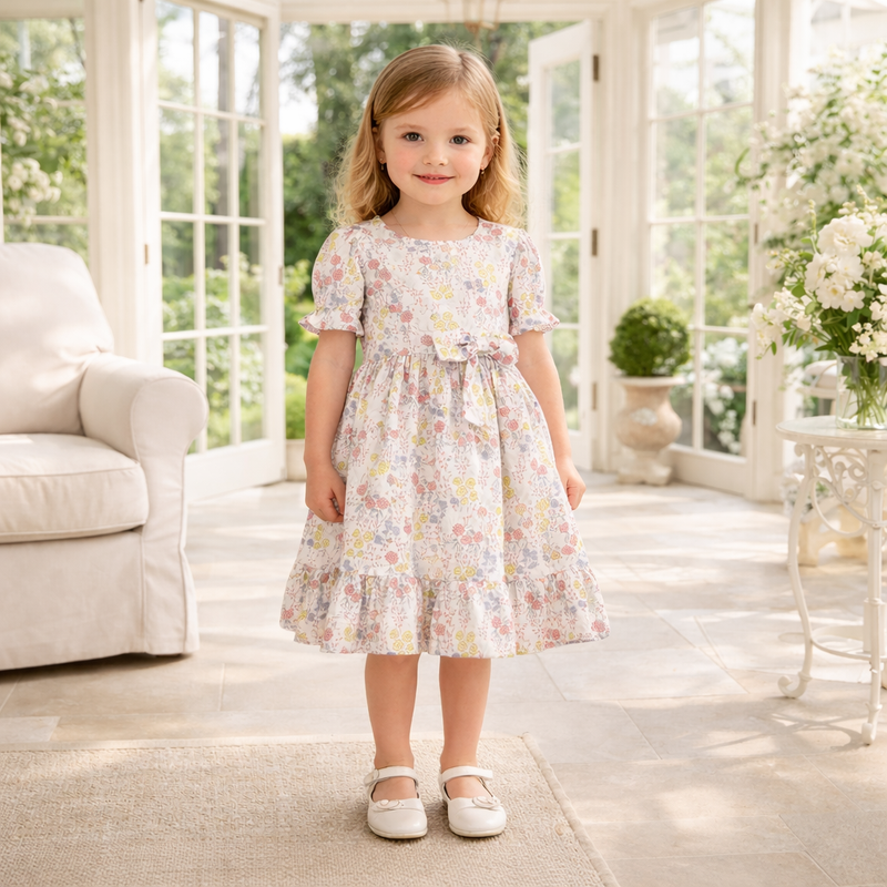 Cotton Floral Gauze Dress with Bow