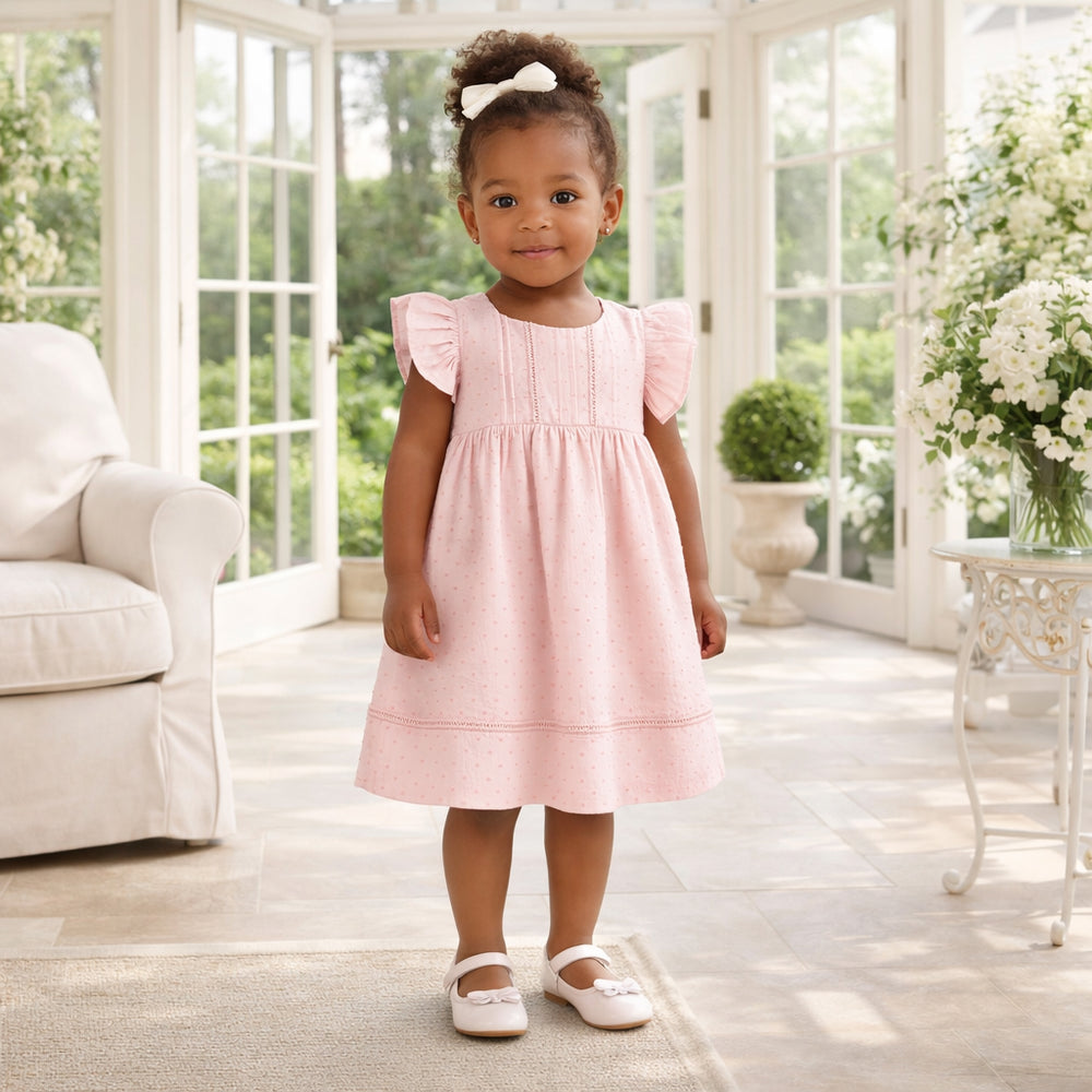 Tesa Babe Toddler Dress – Pink Swiss Dot Cotton, Flutter Sleeves, 6Y