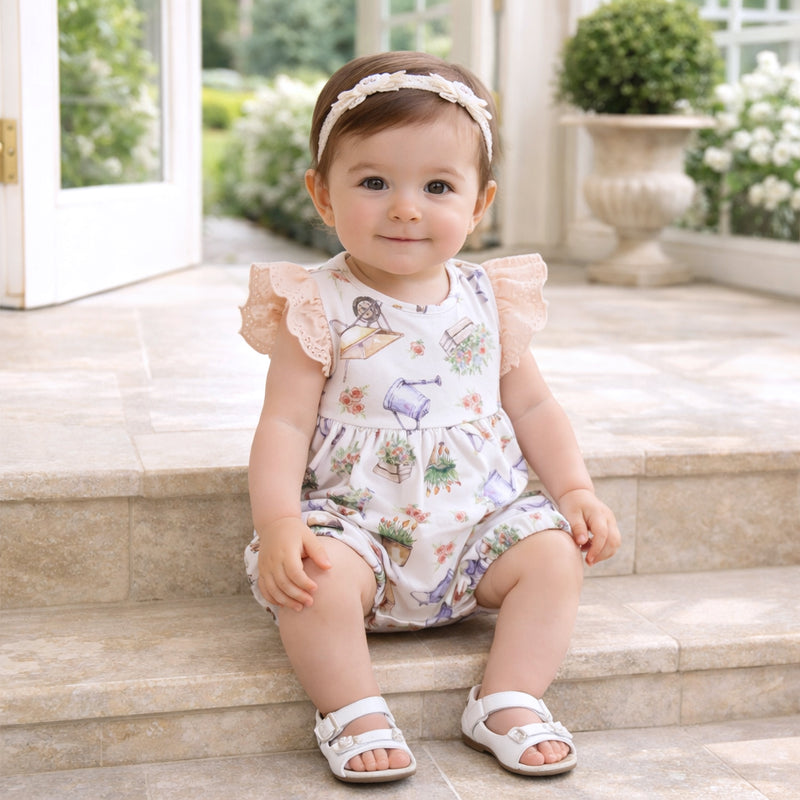 Petal Patch Baby Girl Romper – Bamboo One-Piece with Eyelet