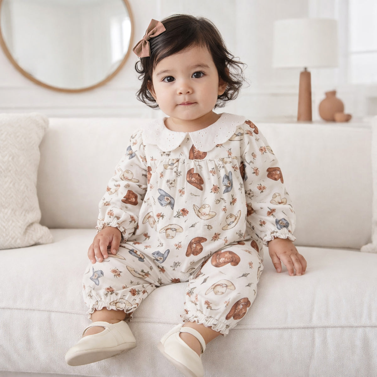 Larkspur Prairie Linen Western Romper With Eyelet Collar