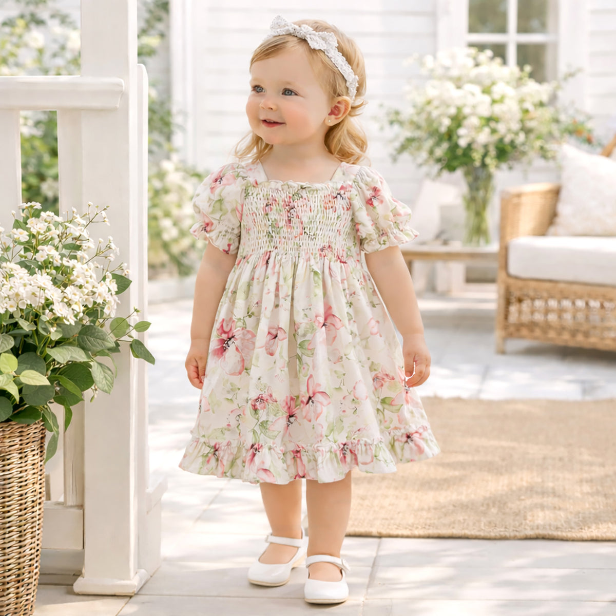 Blush Bouquet Smocked Bodice Puff Sleeve Dress 4T