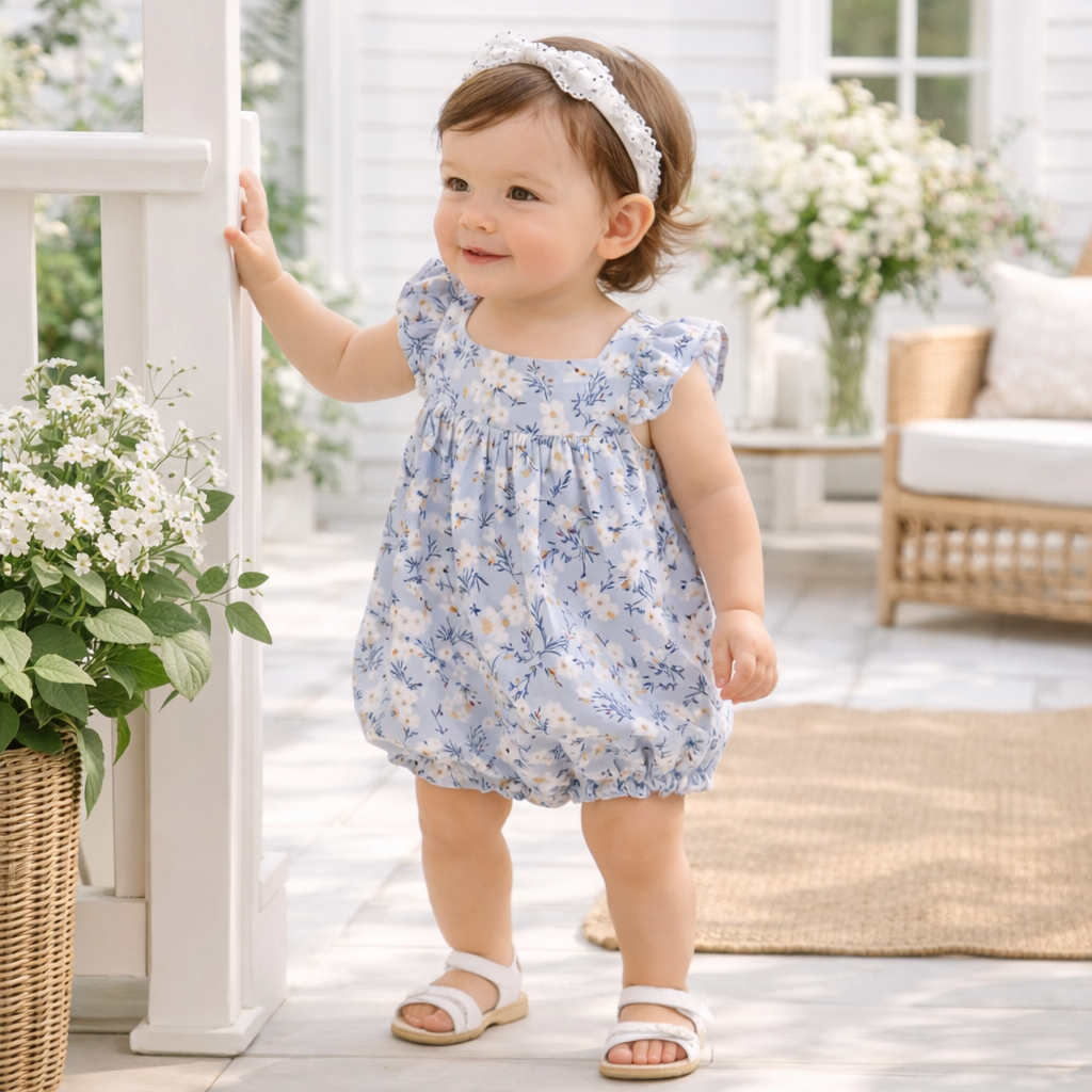 Floral Baby Romper – Soft Cotton Linen One-Piece with Ruffles