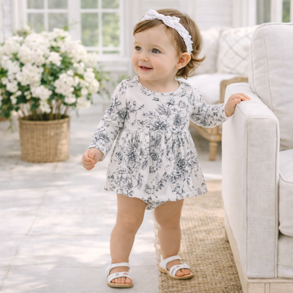 Baby Girls' Skirted Bodysuit – Grey Floral Bamboo Toile