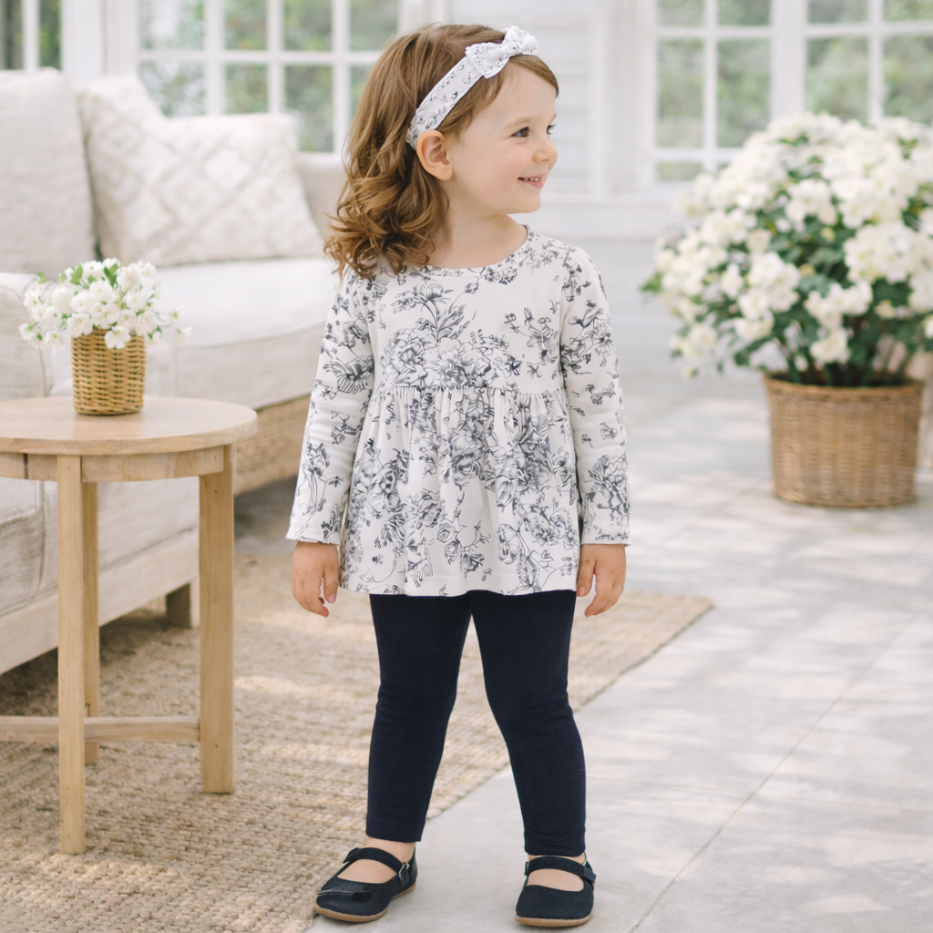 Girls' Bamboo Toile Tunic Set – Floral Top & Leggings
