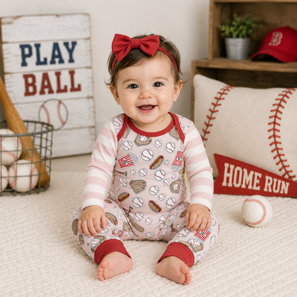 Batter Up Baby Girl's Bamboo Baseball Romper 3-6M
