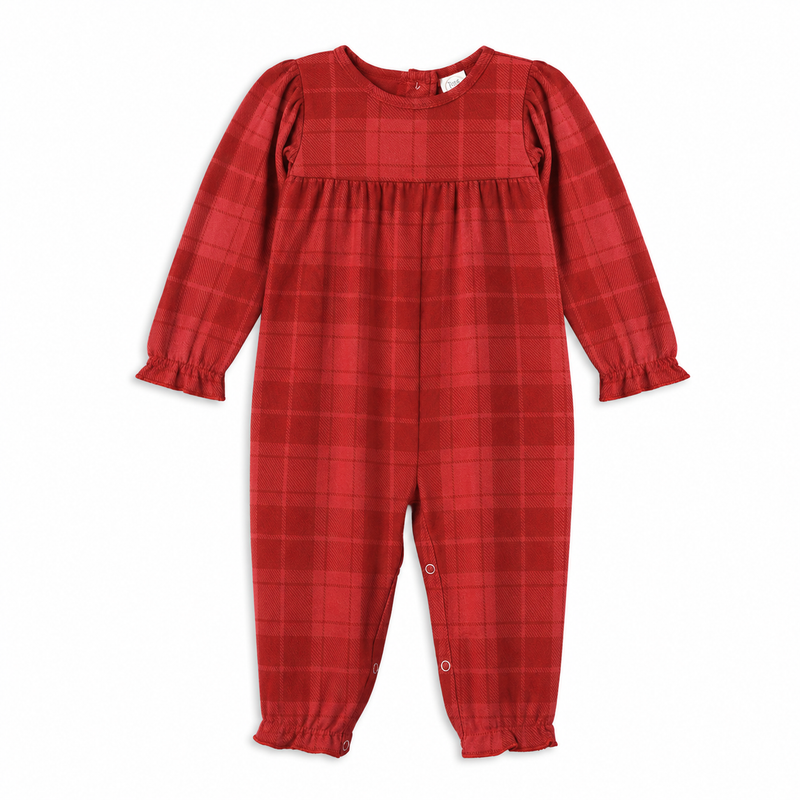 Red Plaid Baby Girl Romper With Ruffles & Puff Sleeves
