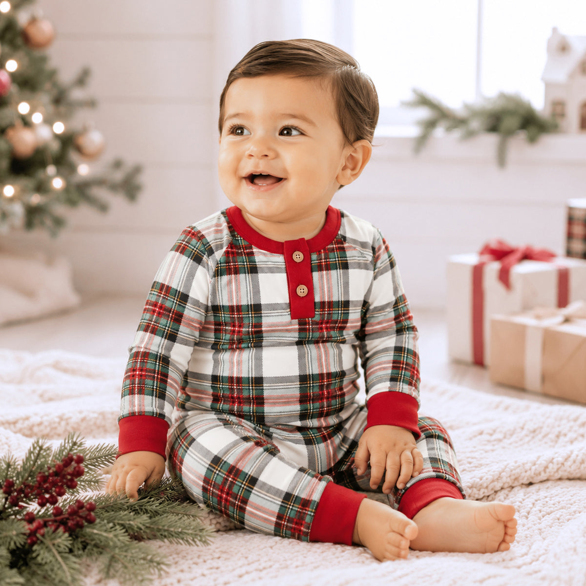 Baby Christmas Plaid Henley Bamboo Romper