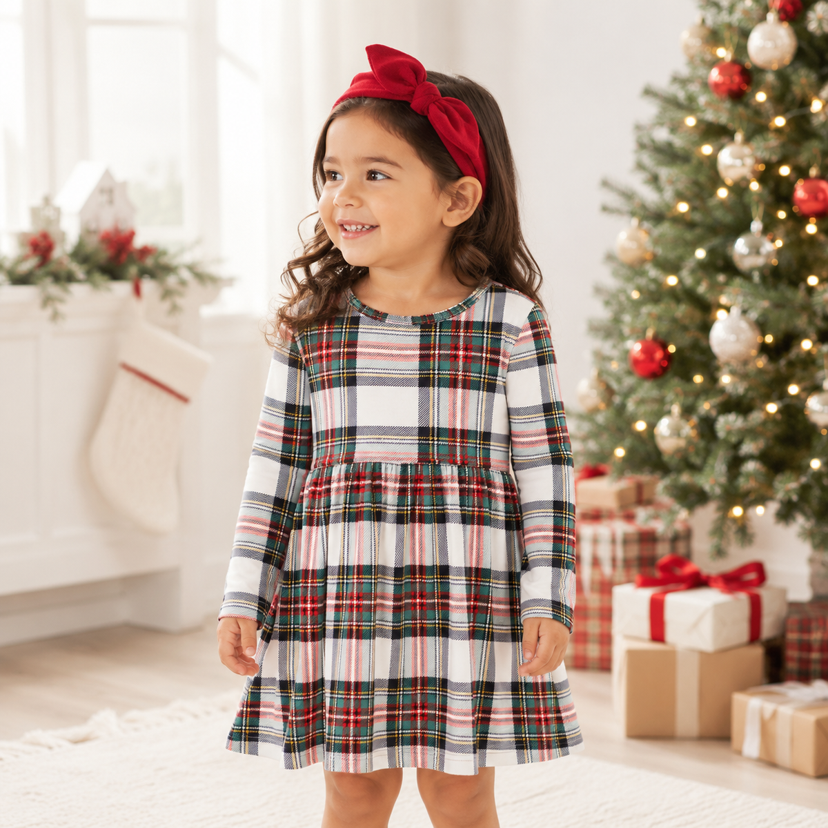 Girls Christmas Plaid Dress – Soft Bamboo Holiday Outfit