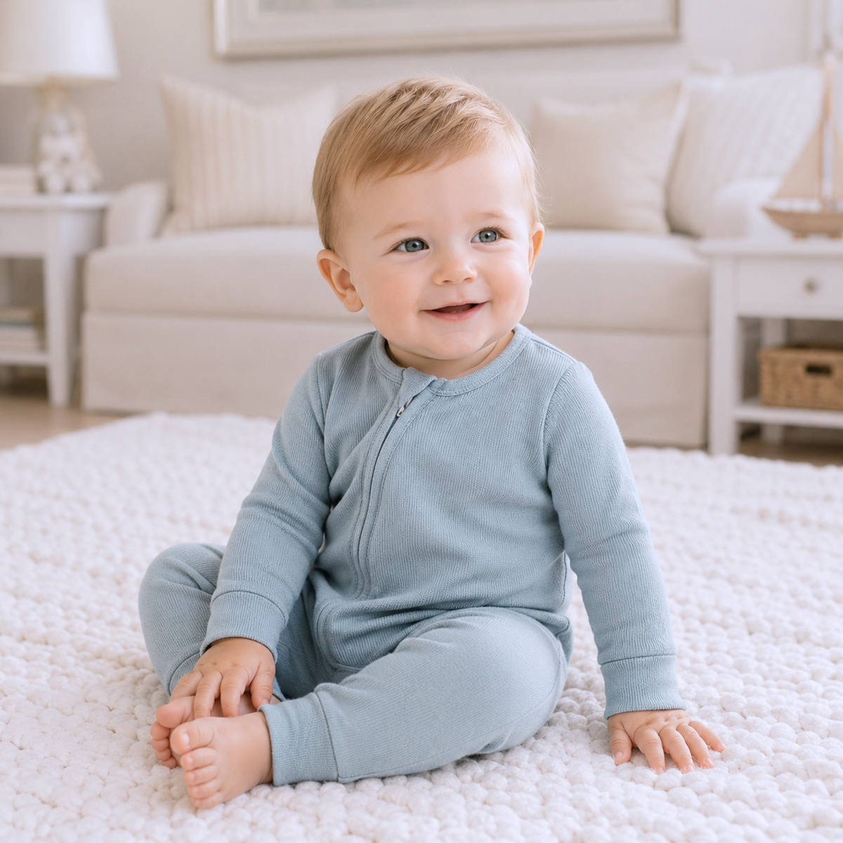 Cotton Baby Zipper Romper With Convertible Cuffs-Blue