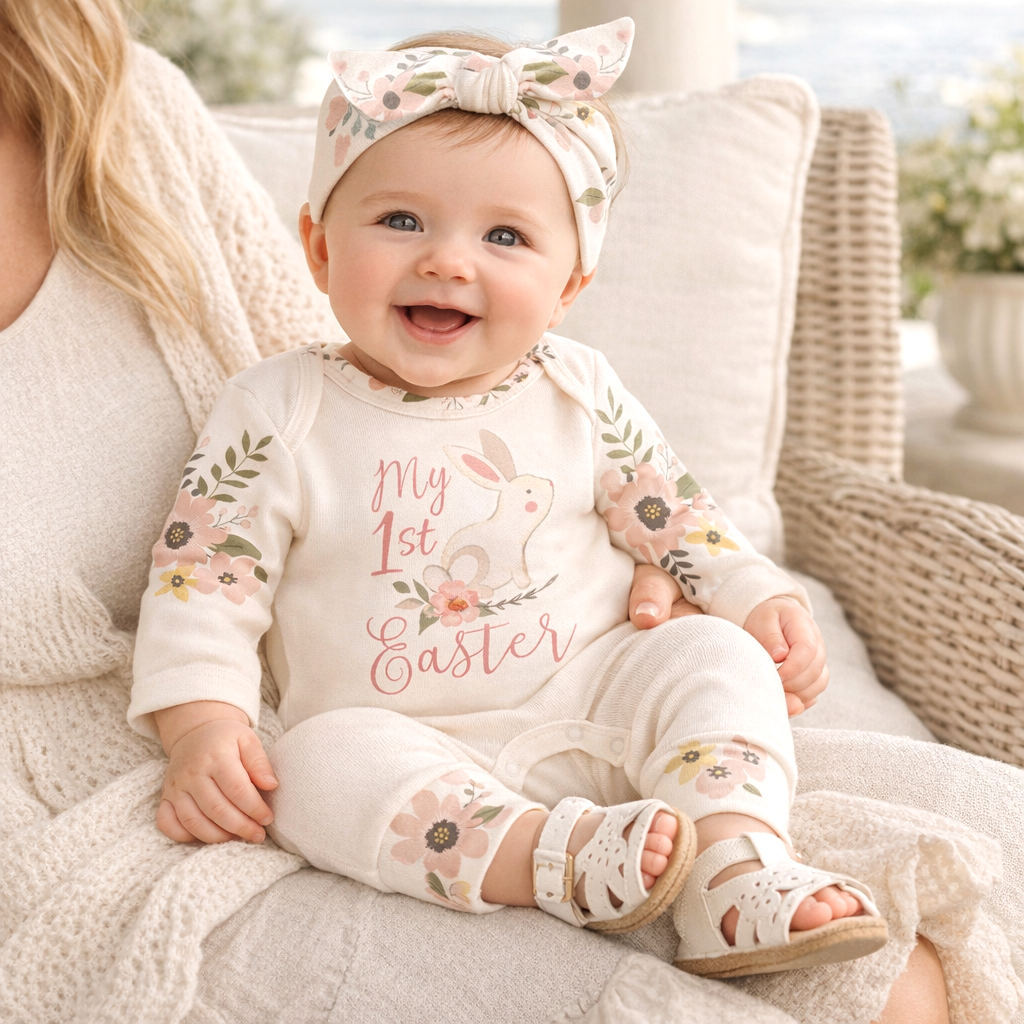 Baby Girl My First Easter Romper | Floral Cotton Rib One-Piece Bodysuit