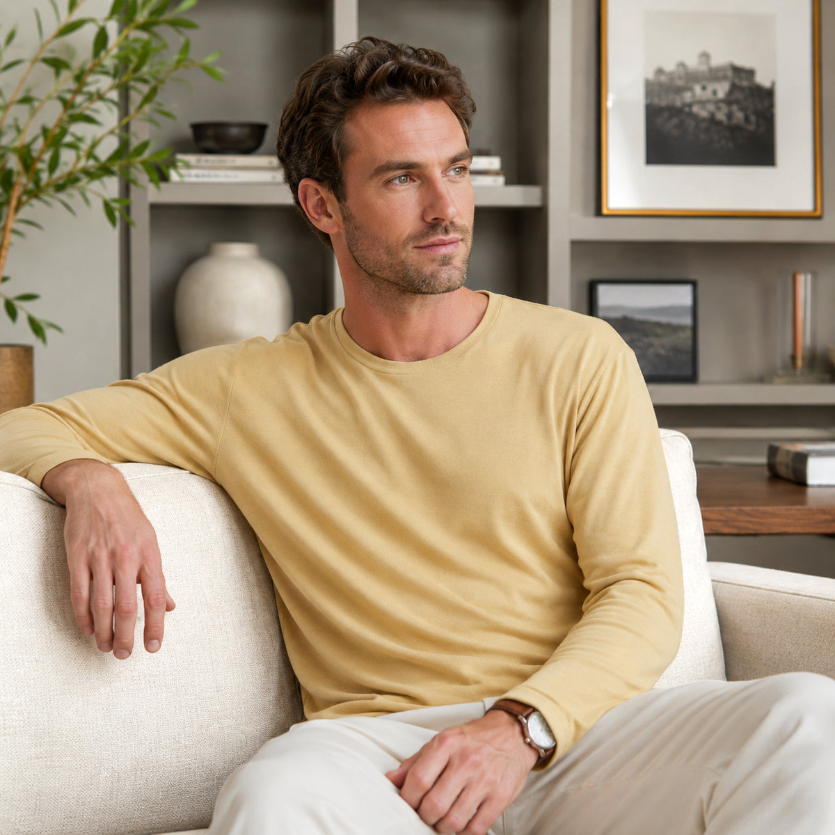 Men's Yellow Cotton Long Sleeve Tee