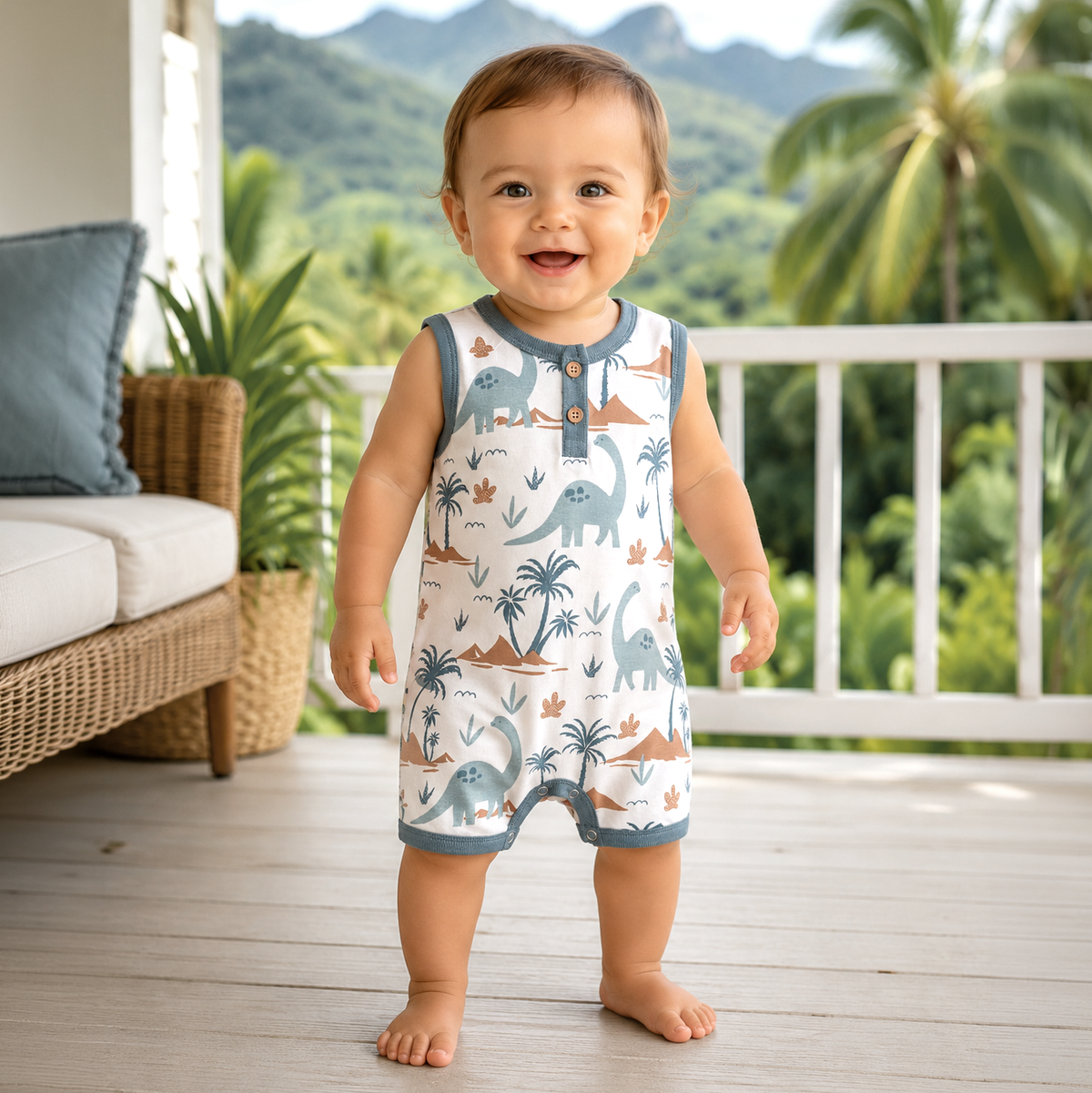 Dino Isle Sleeveless Henley Shorty Romper 3-6M