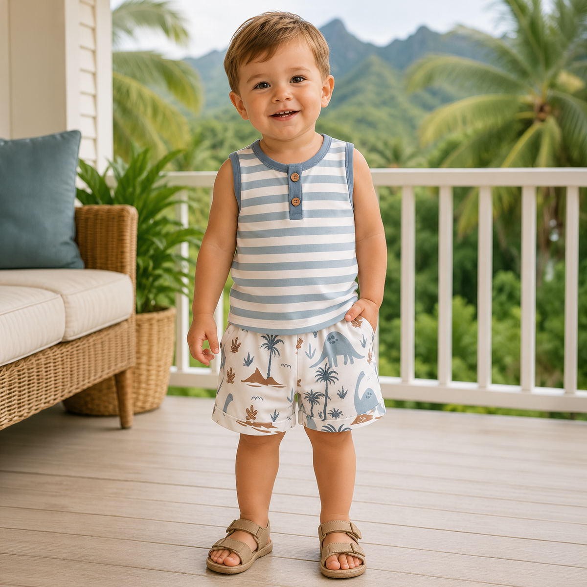 Dino Isle Sleeveless Henley Tee & Shorts 9-12M