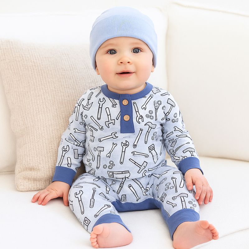 Baby Boy Tool Time Bamboo Romper & Beanie Gift Set