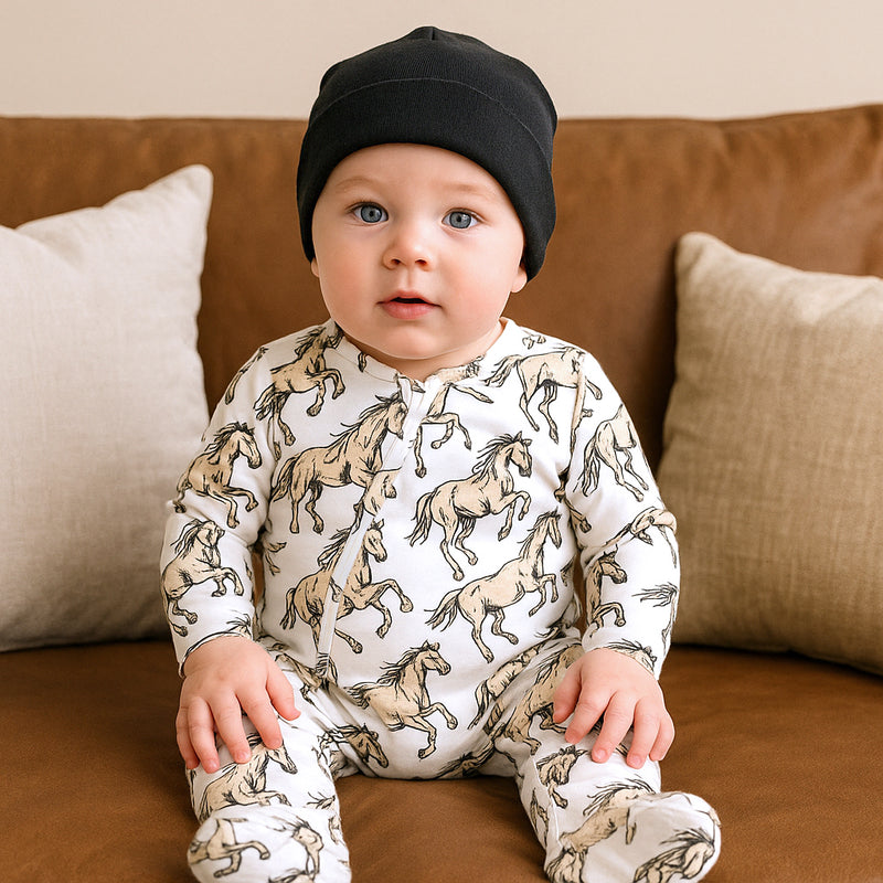 Baby Bamboo Zipper Horse Romper & Beanie Set