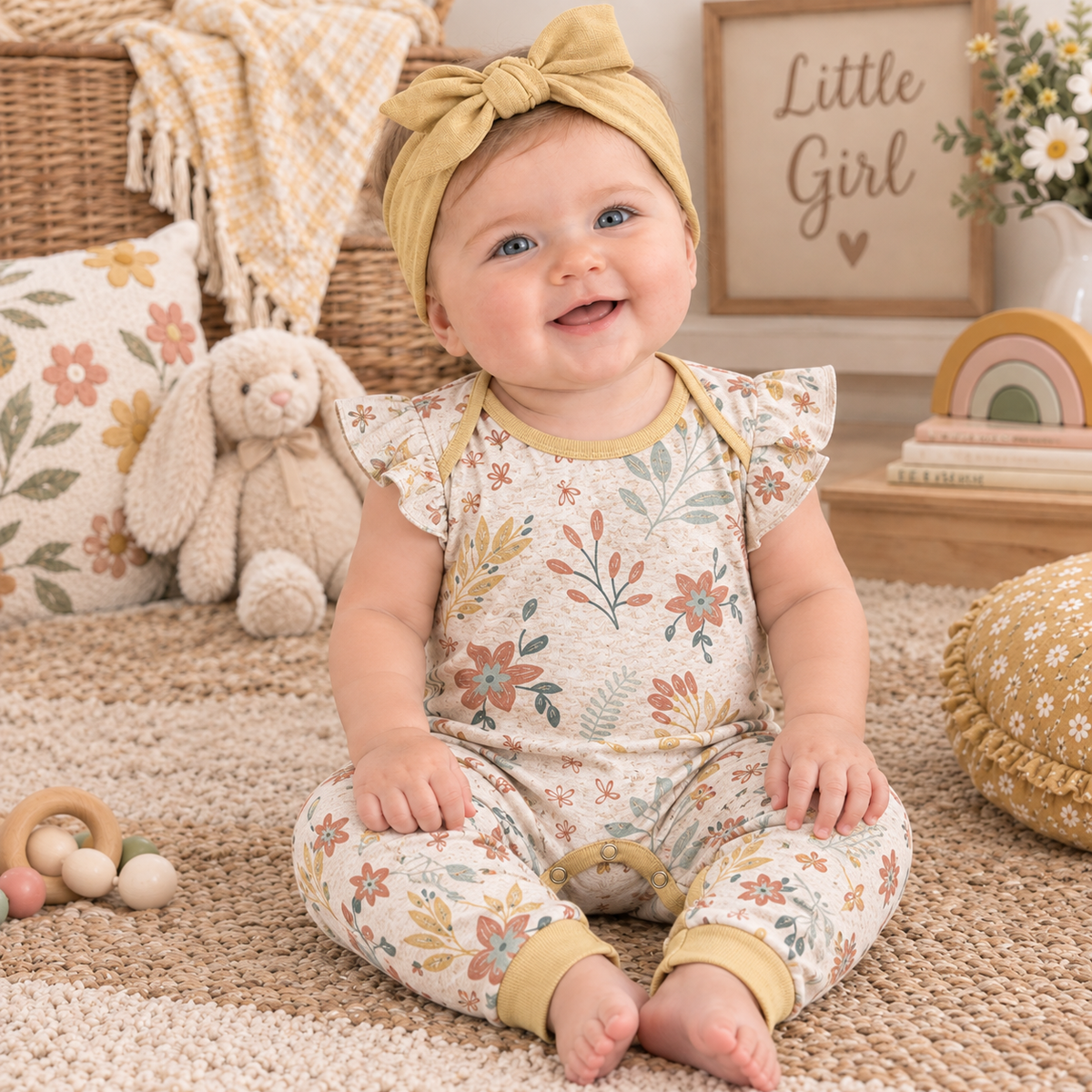 Rustic Blooms Flutter Sleeve Cotton Romper 0-3M
