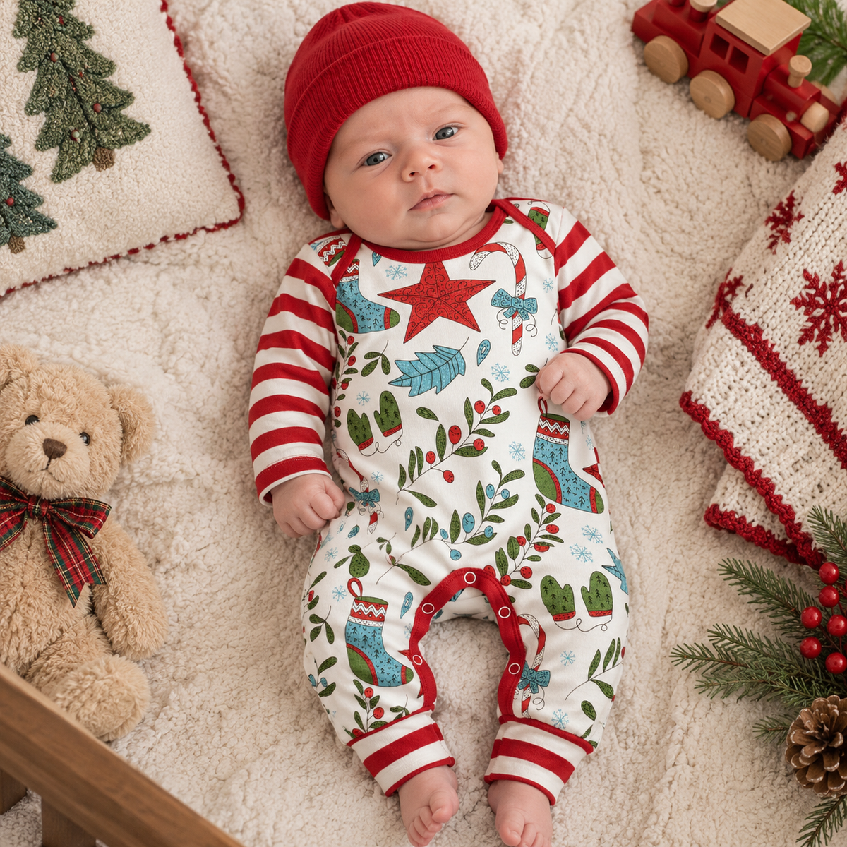 Xmas Fancy Red  Stripe Long Sleeve Cotton Romper