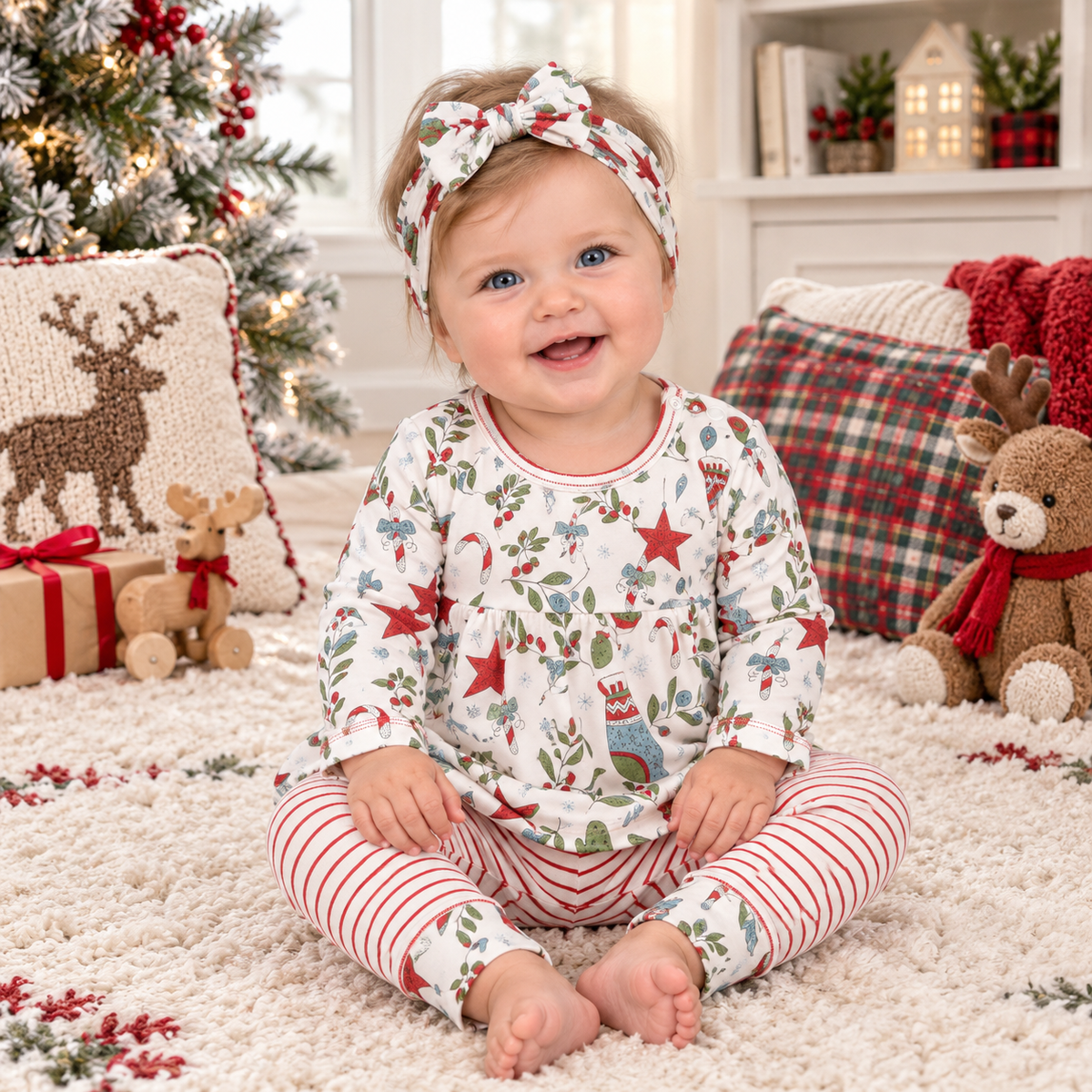 Girls' Christmas Stars & Candy Cane Stripes Tunic Set – Cotton Set 6-12M