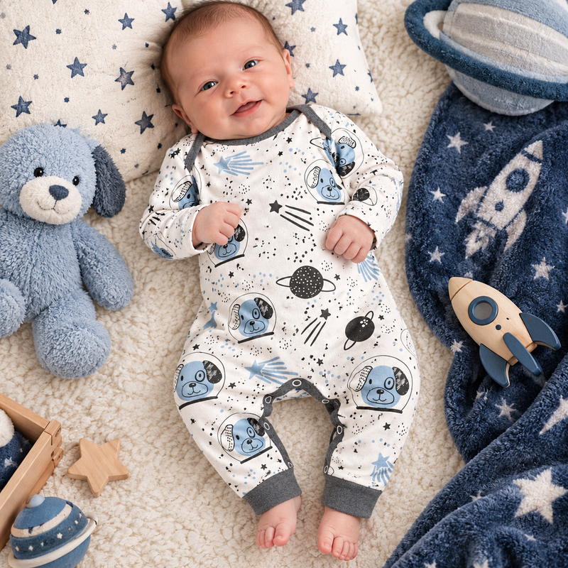 Boy's Space Dogs Short or Long Sleeve Cotton Romper - Newborn