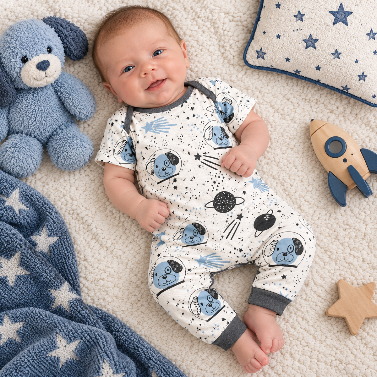 Boy's Space Dogs Short or Long Sleeve Cotton Romper - Newborn