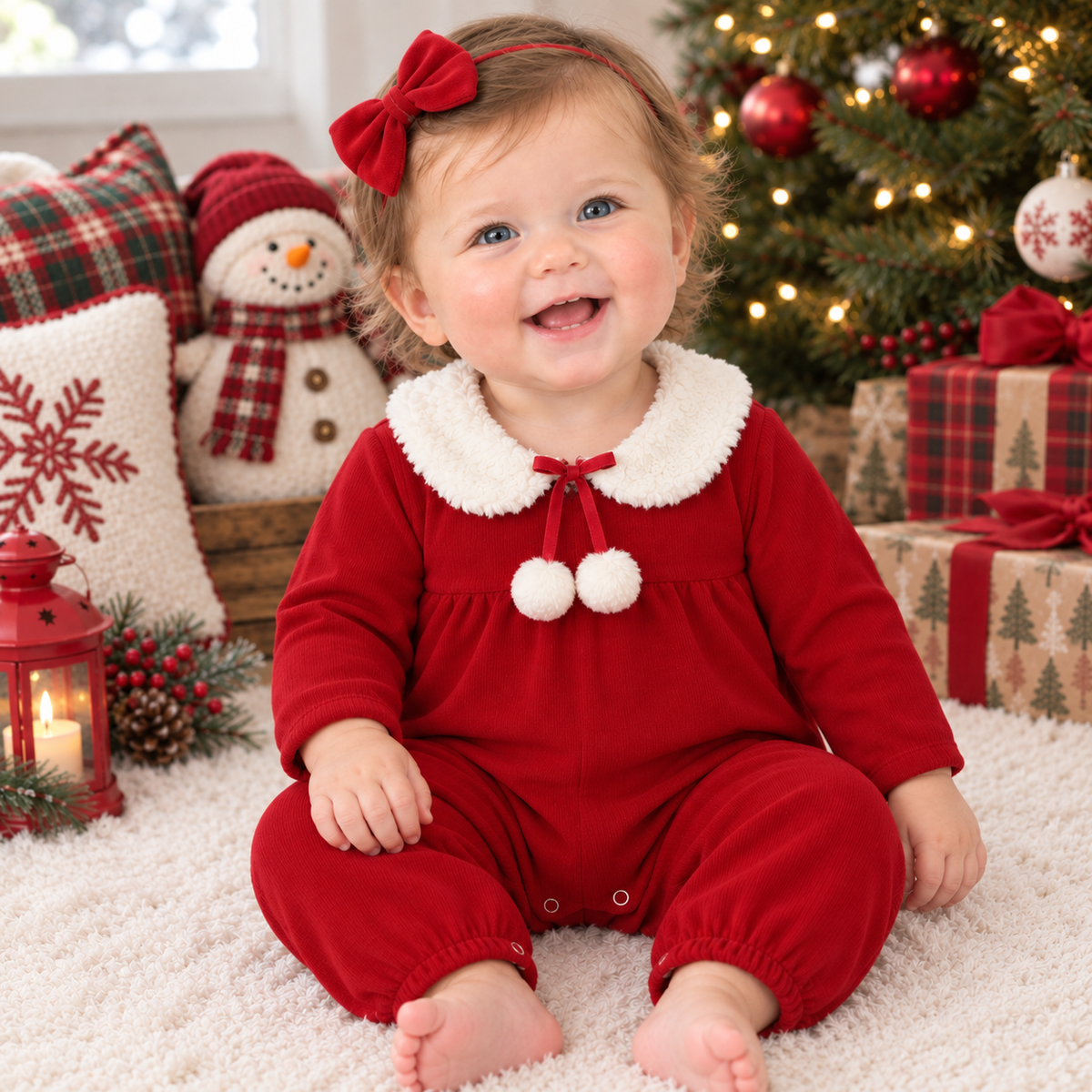 Baby Girl Red Christmas Romper With Faux Fur Collar 3-6m