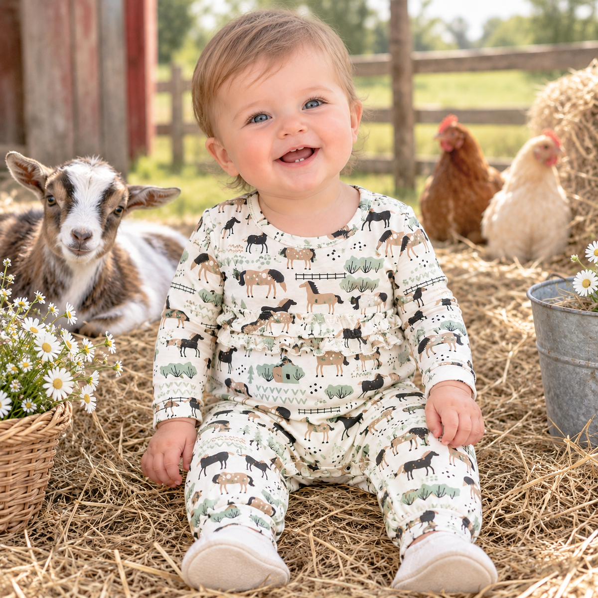 Horses on the Farm Girl's Romper - Bamboo