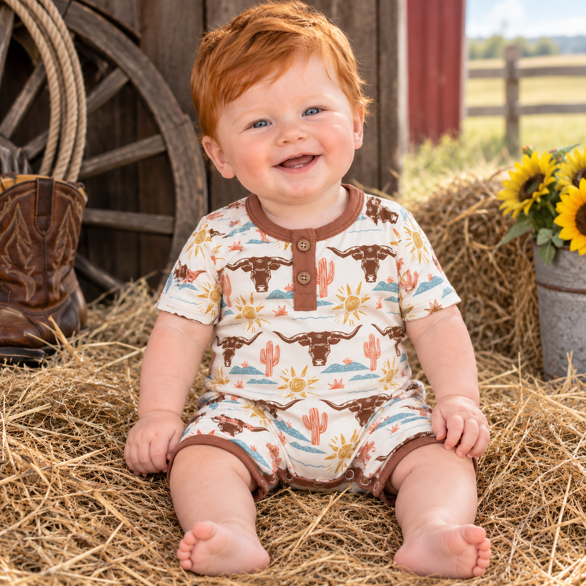 Baby Boy Shorty Romper – Bamboo Happy Trails Henley Outfit