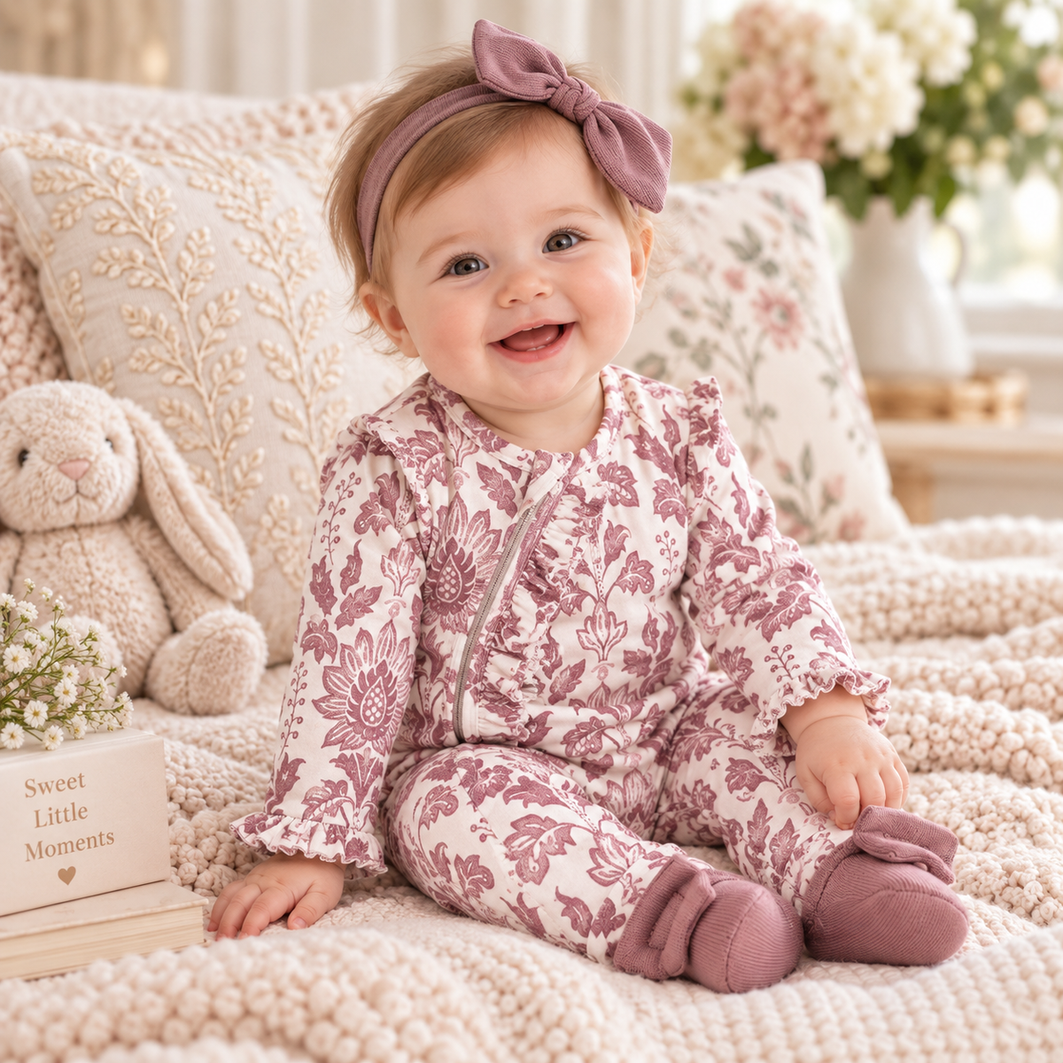 Floral Tapestry Zipper Romper - Bamboo Baby Girl Outfit