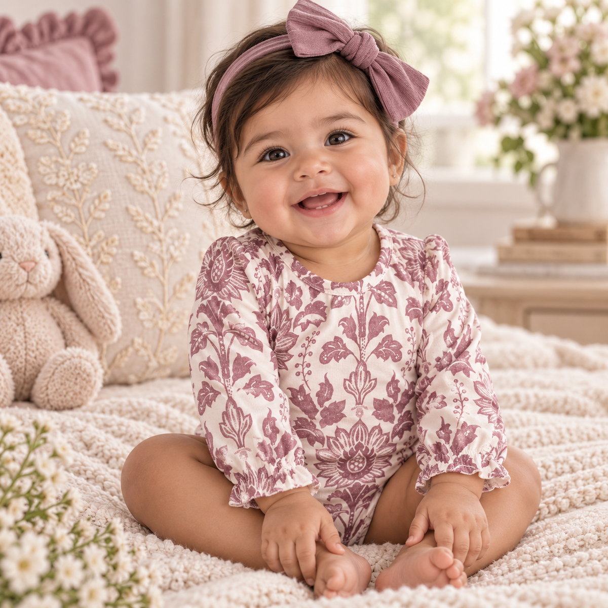 Floral Tapestry Baby Bodysuit - Long Sleeve Vintage Style