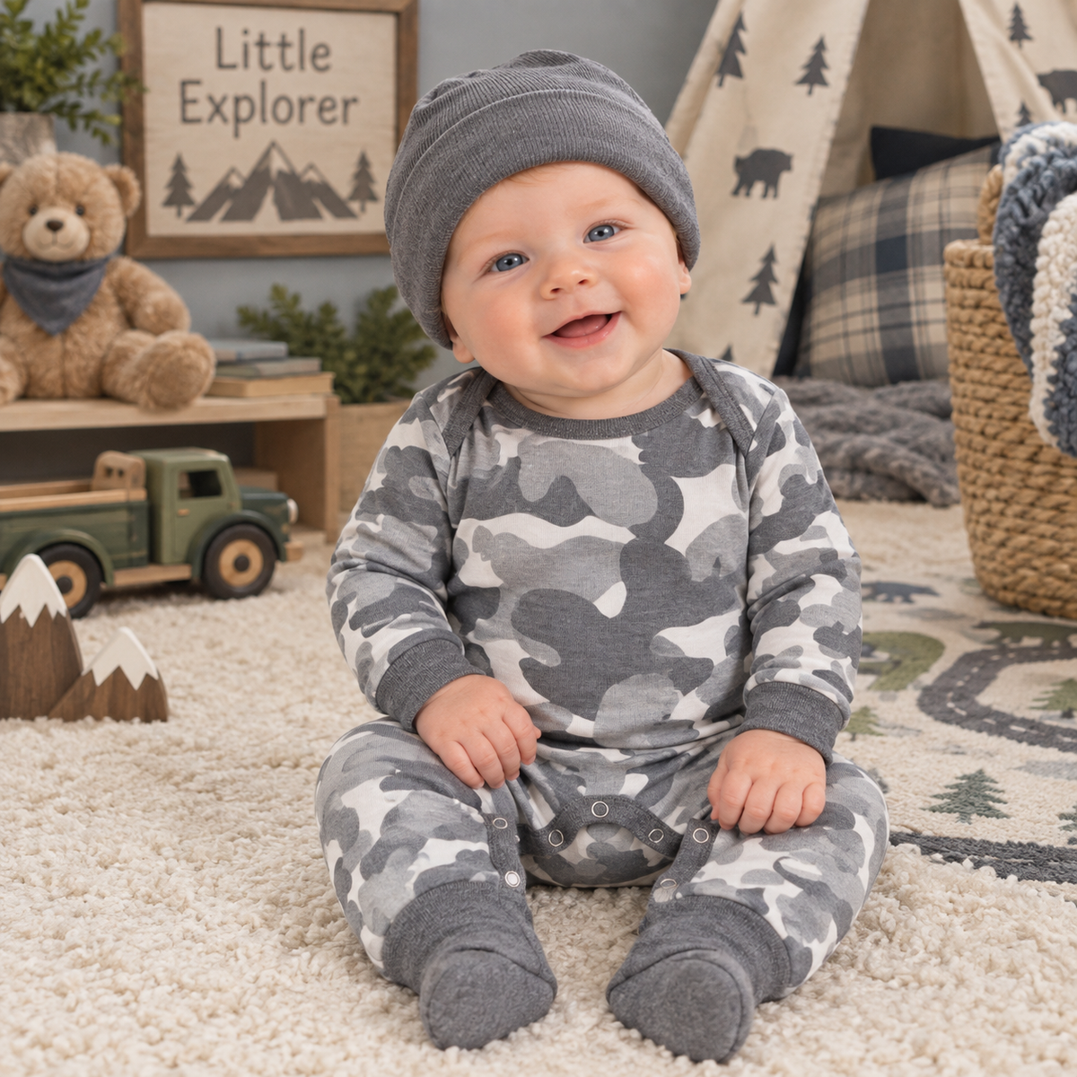 Grey Camo Long Sleeve Cotton Romper