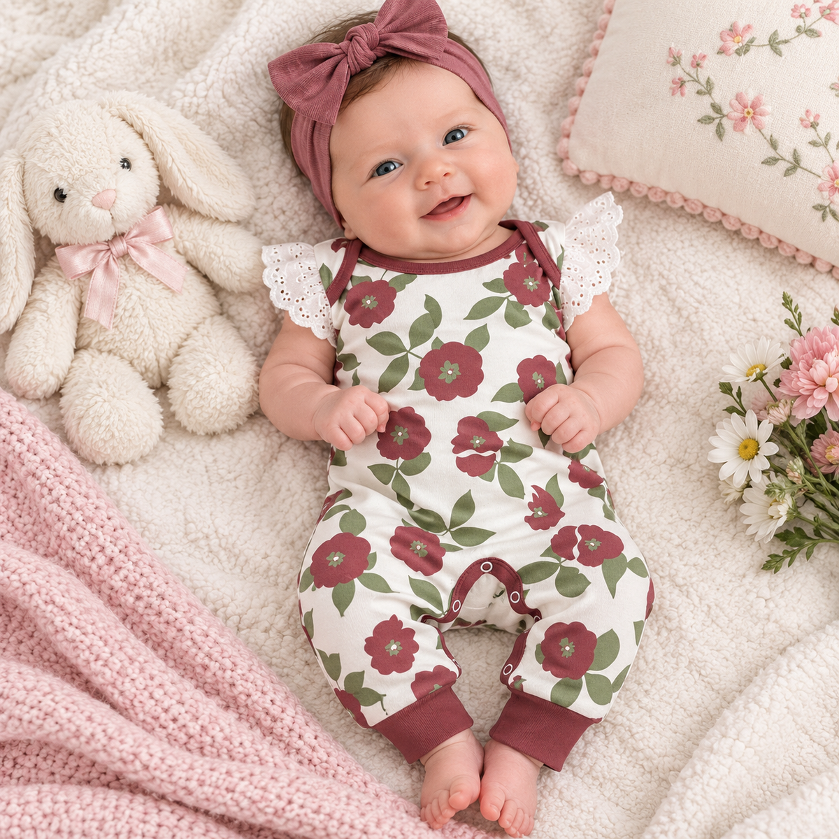 Baby Girl's Poppy Flower Cotton Romper Newborn