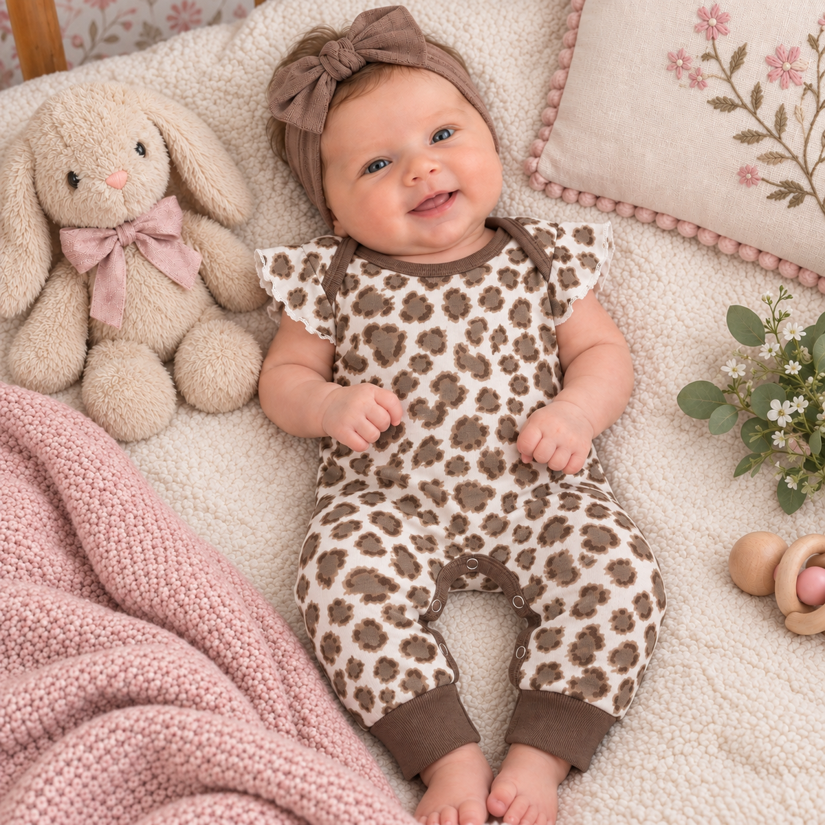 Leopard Flutter Sleeve Cotton Romper Newborn