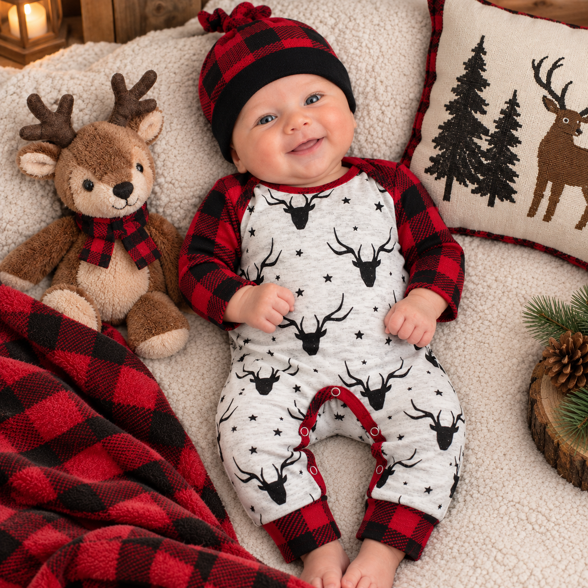 Buffalo Plaid Longhorn Baby Romper Newborn Set | Cotton