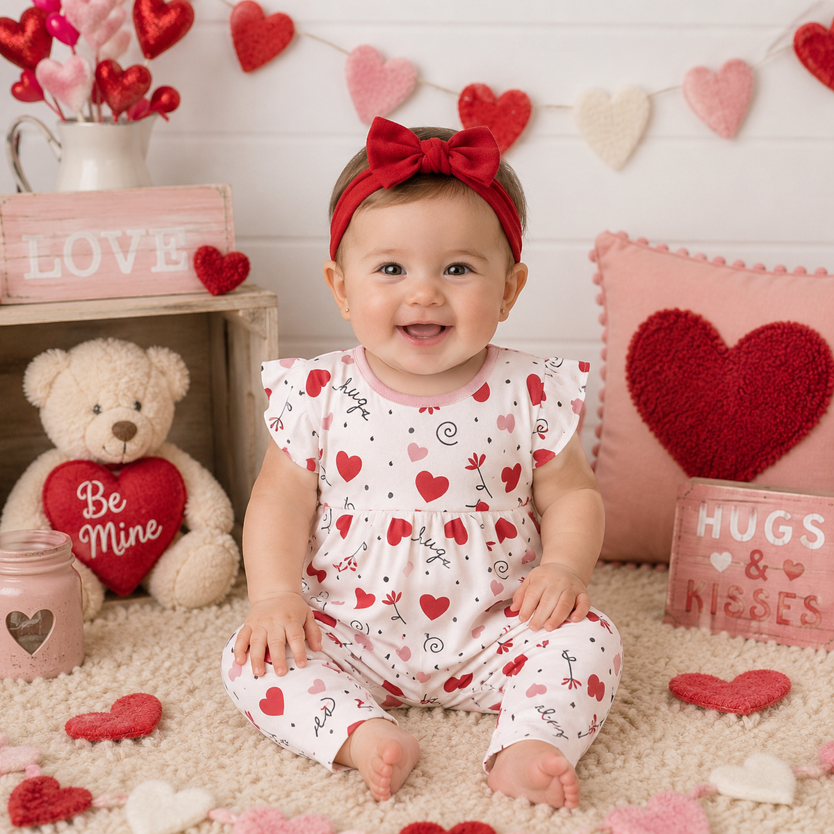 Hugs & Kisses Baby Girl Valentine Romper with Flutter Sleeves 18-24M