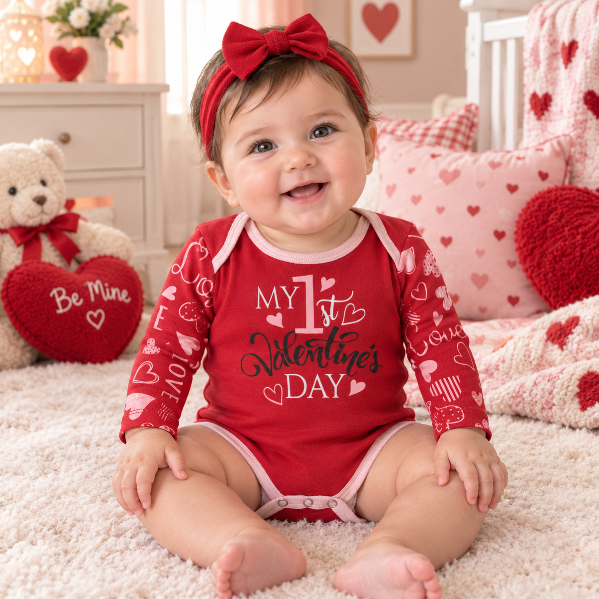 First Valentine Baby Bodysuit – Red Hearts