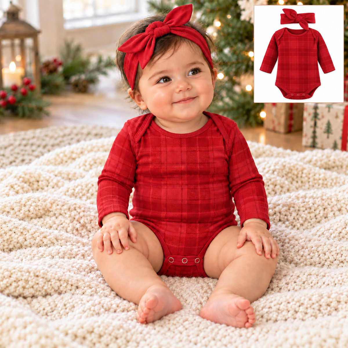2 Piece Set - Red Plaid Cotton Bodysuit & Headband
